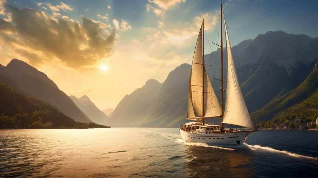 Destinații pentru Yachting. Un yacht pe fundalul marii in departare munti